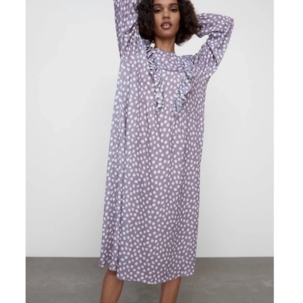 zara purple polka dot dress Zara Ruffle Front Polka Dot Dress